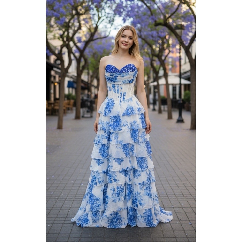 NWT Blue Floral, Corset, Strapless, Chiffon Ruffle Prom/Formal Dress Size 6